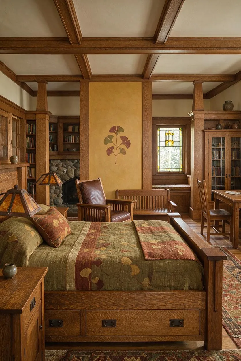 A Craftsman-style master bedroom with a wooden bed, floral green bedding, and warm amber lighting. The room features heavy wood trim, built-in bookshelves, a stone fireplace, a stained-glass window, and a sitting area with leather and wood furniture.