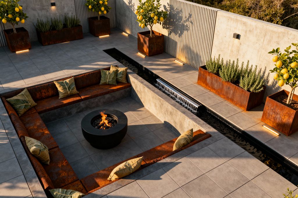 An outdoor patio with a sunken square conversation pit wrapped in rusted Corten steel seating surrounds a round black fire pit on large gray pavers. A narrow water rill with a stainless spillway runs along one edge. Corrugated concrete walls frame the space, with rusted steel planters holding lemon trees and rosemary. Discreet linear LED lights wash the paving and planters, creating a warm, contemporary atmosphere.
