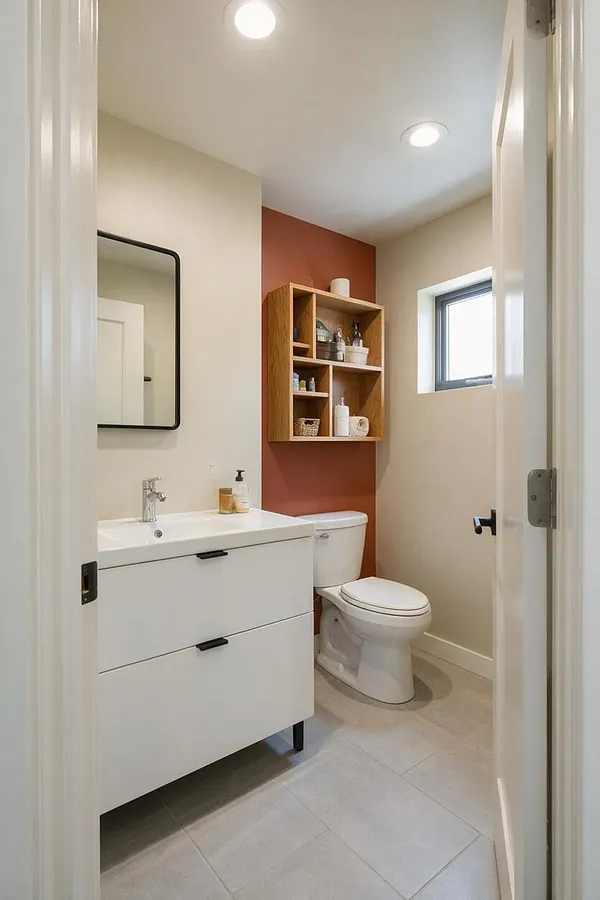 A modern powder room viewed through an open door, featuring a white floating vanity with a rectangular sink, a black-framed mirror, and a white toilet. A warm terra cotta accent wall holds a wooden open shelf cabinet with toiletries, while beige walls, light tile flooring, and a small window create a clean, bright look.