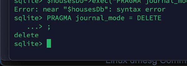 A terminal interface displaying SQLite commands and an error message related to database operations.