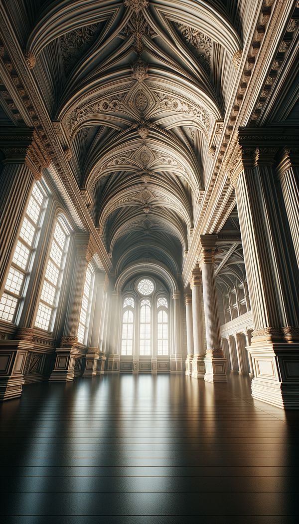 An interior of a grand room featuring a high, ornate vaulted ceiling, with sunlight streaming through windows placed high on the walls.