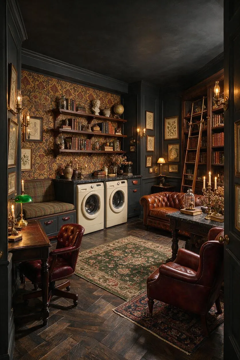 A moody laundry room styled like a library lounge, with cream front-loading washer and dryer beneath dark shelves filled with books and decor. The room features patterned wallpaper, leather chairs, brass lamps, framed botanical art, and rich dark wood floors and furniture.