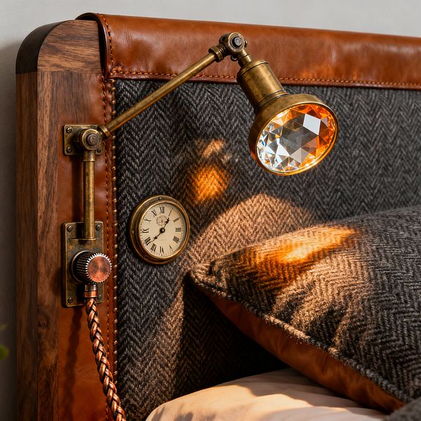 A close-up of a steampunk-style bed headboard shows a walnut frame with cognac leather trim and charcoal herringbone wool upholstery. A burnished brass swing-arm reading lamp with a faceted crystal lens casts warm amber light beside a brass-rimmed Roman numeral clock, a knurled dimmer knob, and a braided copper fabric cord; a matching tweed pillow with a leather back rests against the headboard.
