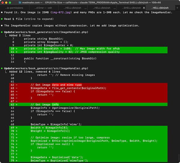 Diagram illustrating a file processing system with modules for ePub and PDF generation, highlighting the need for image compression to reduce file size.