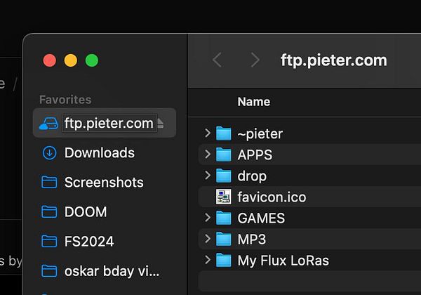 The image displays a file directory for ftp.pieter.com on a Mac interface.