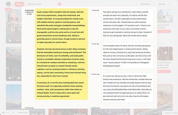 The image displays a user interface featuring AI-generated summaries of reviews about Kuala Lumpur, highlighted in yellow.