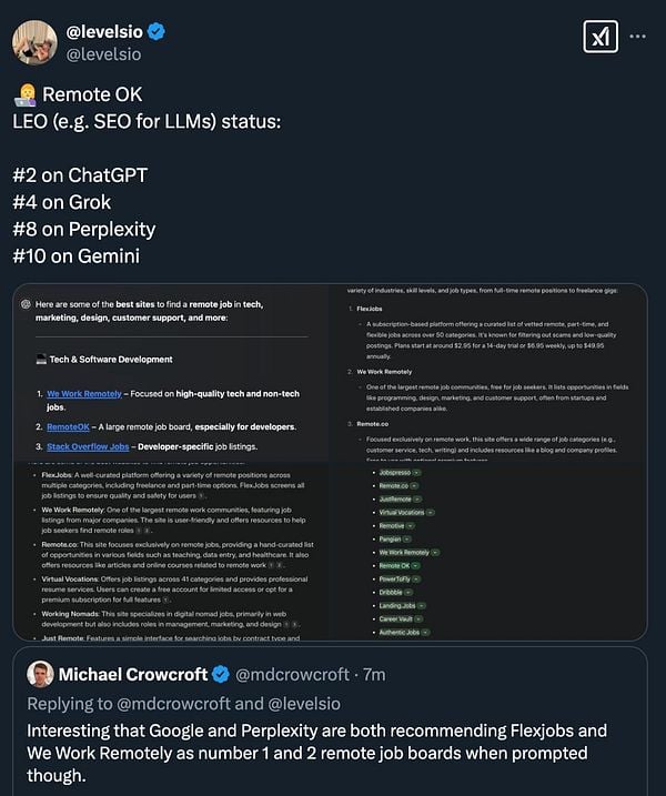 A tweet discussing the LEO ranking of remote job platforms, featuring a list of top sites for tech and software development jobs.