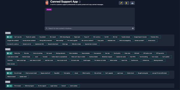 The image displays a user interface for the Canned Support App, featuring various preset messages for customer support tasks.