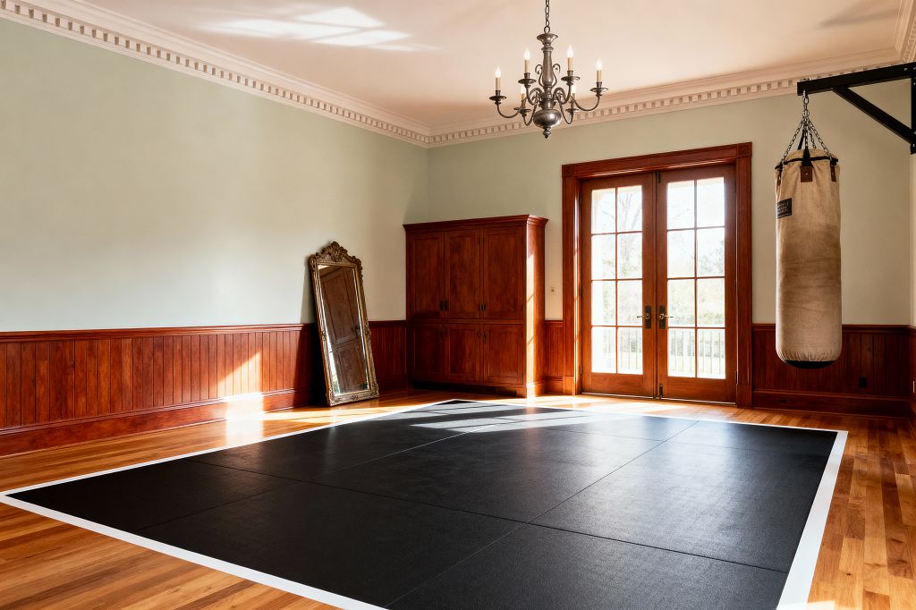 A bright traditional home gym with honey-toned hardwood floors and a large black mat bordered in white at the center. Rich cherry wainscoting and matching trim frame light sage walls and wood French doors that admit strong daylight. A dark candelabra chandelier hangs from a ceiling with detailed crown molding. A canvas heavy bag mounts on a black steel bracket, and a gilded ornate mirror leans beside a coordinating wood armoire.