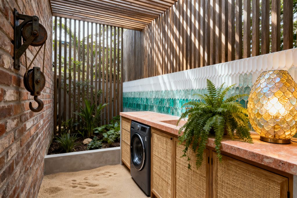 A semi-outdoor laundry features a sand floor and a slatted timber roof casting striped sunlight over rattan-front cabinets with a pink terrazzo counter. A front-loading washer sits below a backsplash of white-to-sea-green glass tiles; a fern and an iridescent capiz lamp sit on the counter. One wall is rustic brick with metal pulleys, and a raised planter of tropical plants runs along a screened timber wall, creating a breezy garden feel.