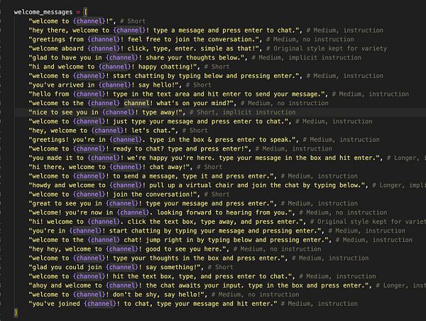 The image displays a code snippet containing a list of welcome messages for a chat application.