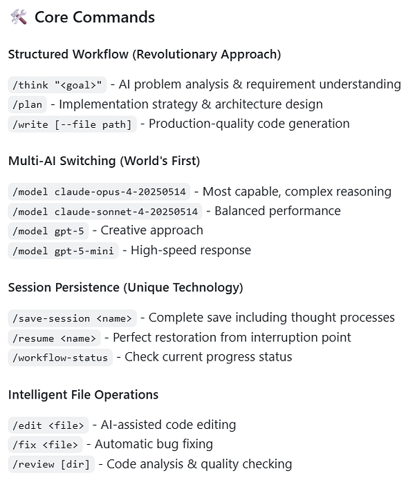 The image displays a list of core commands for an AI tool, organized into various categories.