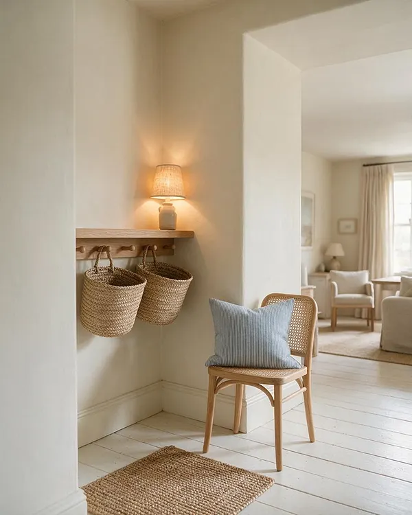 A calm coastal-style entryway with cream walls and white painted floorboards. A wooden wall shelf holds a small lamp, with two woven basket bags hanging below, and a woven chair with a pale blue pillow sits beside a natural jute rug. A light-filled living area is visible through a wide opening in the background.
