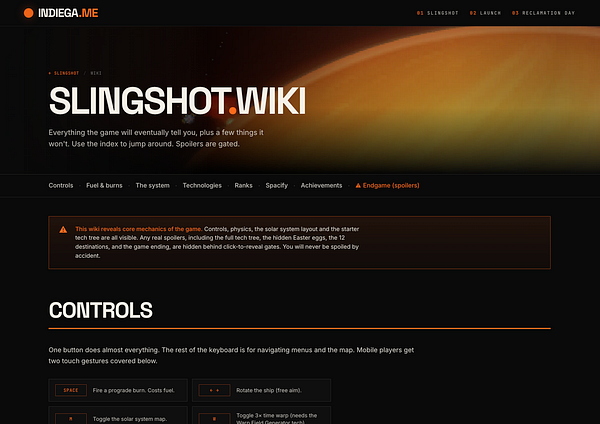 Screenshot of the Slingshot game wiki displaying a comprehensive list of gameplay elements and features.