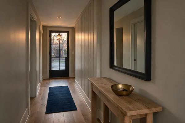 A narrow farmhouse entryway with light wood floors, soft beige walls, and vertical shiplap on one side. A rustic wooden console table sits below a large black-framed mirror, with a brass bowl on top, and a dark blue runner leads to a glass-paneled front door glowing with evening light.