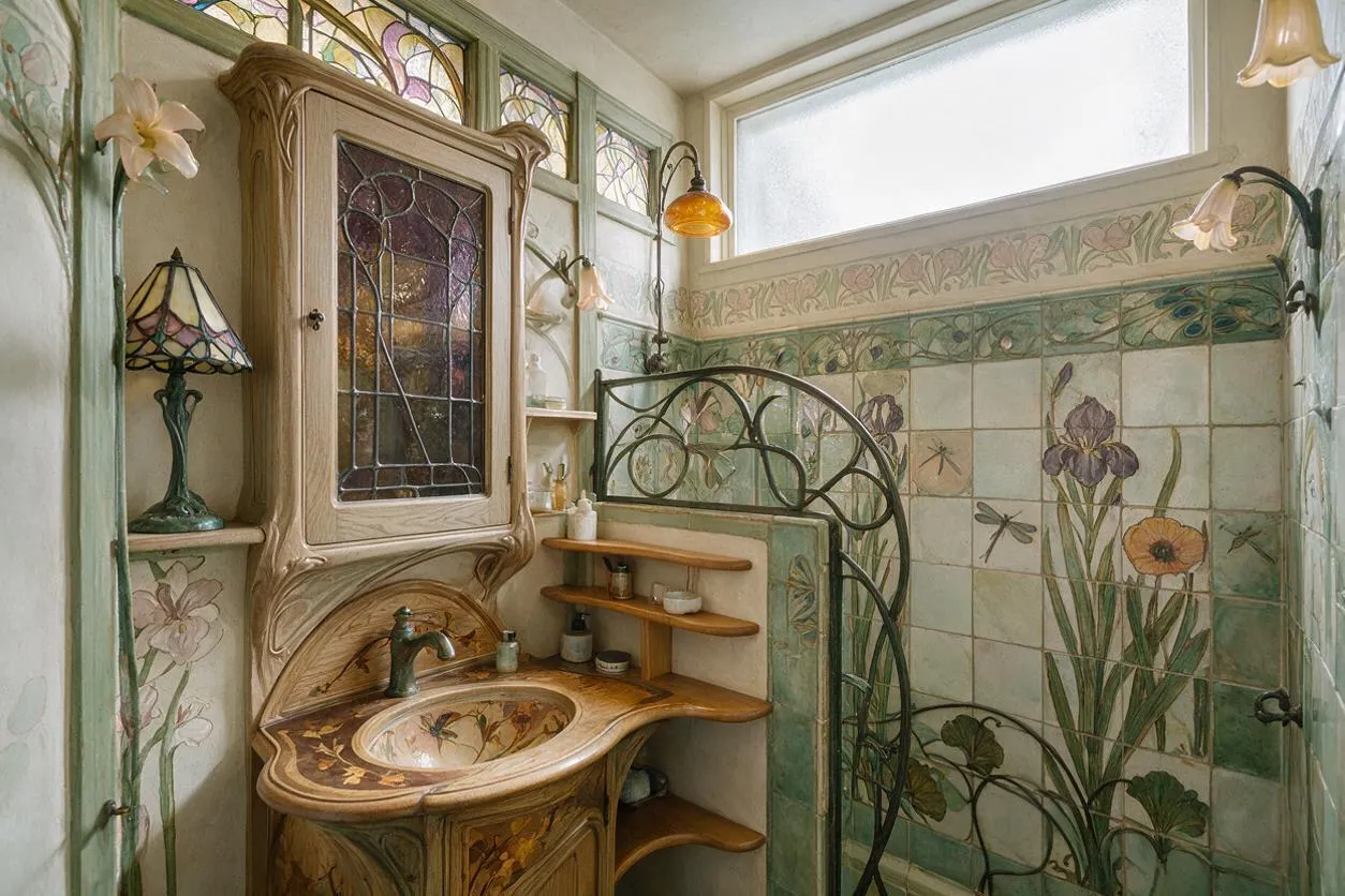 A compact bathroom in Art Nouveau style features hand-painted floral tile walls, a carved wood vanity with an oval basin, and a tall mirrored cabinet with stained glass. Green wrought-iron partitions, curving wall sconces, and soft amber lighting create an ornate, botanical atmosphere.