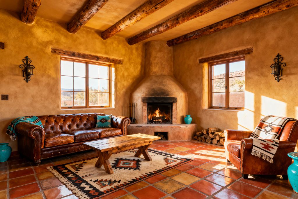 Sunlit Southwestern living room with a plastered adobe kiva fireplace burning at center, flanked by two wood-framed windows. Exposed log ceiling beams span above, while glossy Saltillo terracotta tiles cover the floor. A cognac tufted leather sofa faces a rustic wood coffee table and a matching armchair with a Navajo-style throw; a patterned wool rug grounds the seating. Black iron sconces and turquoise ceramic pots add contrast and desert character.