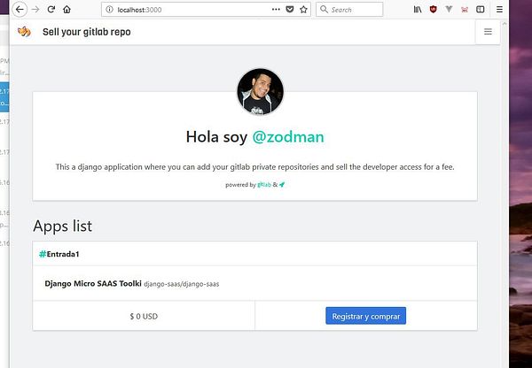 The image displays a web application interface for selling GitLab repositories.