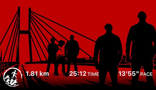 A silhouette of four figures stands against a red background featuring a bridge.