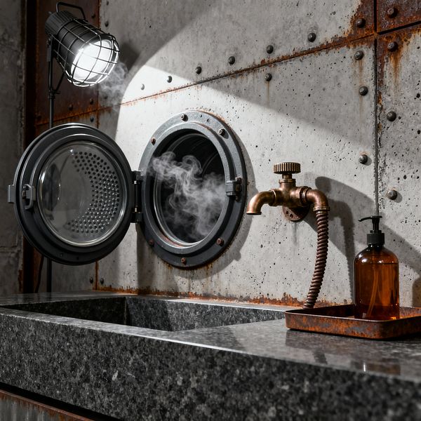 A close-up of an industrial laundry nook shows a round front-loading washer set into riveted concrete panels, the door open with steam escaping. Below is a deep, dark gray granite sink. To the right, a wall-mounted aged copper faucet with a flexible coiled hose sits above an amber soap dispenser on a rusted tray. A black caged task light at upper left casts a bright beam across the textured wall and countertop.