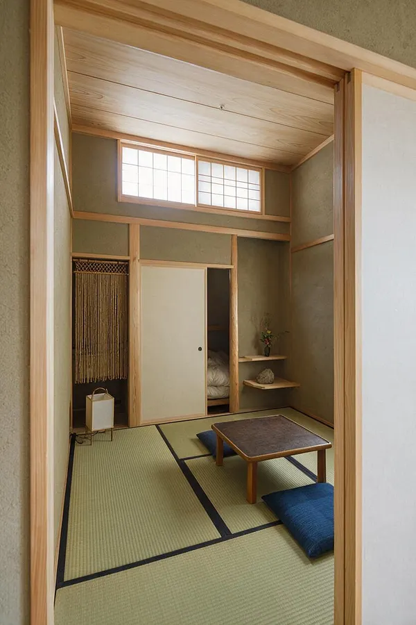 A small Japanese Zen basement room with tatami mat flooring, pale wood trim, and a low wooden table with blue floor cushions. A shoji-style window, built-in alcove shelving, and a sliding partition create a calm, minimalist atmosphere.