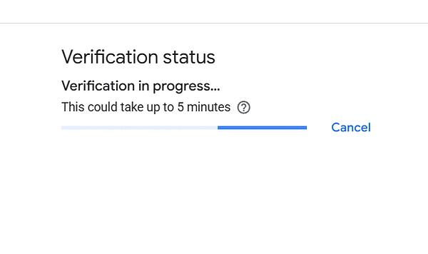 A verification status screen showing verification in progress with a progress bar and a cancel option.