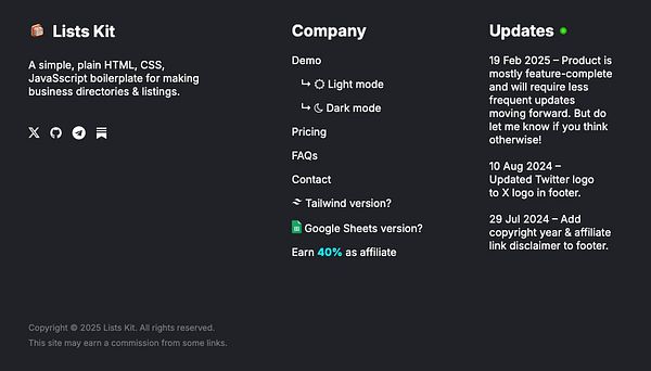 The image displays a user interface for Lists Kit, showcasing its features and recent updates.