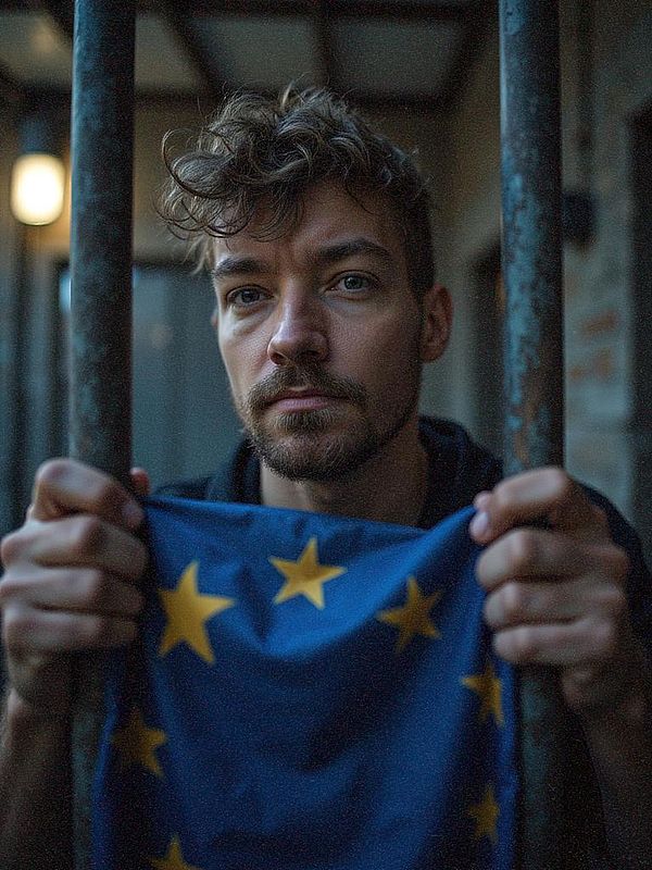 A man holds a blue flag with yellow stars while standing between metal bars.