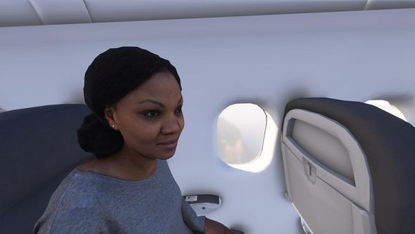 A woman is seated next to an airplane window in a virtual flight simulation environment.