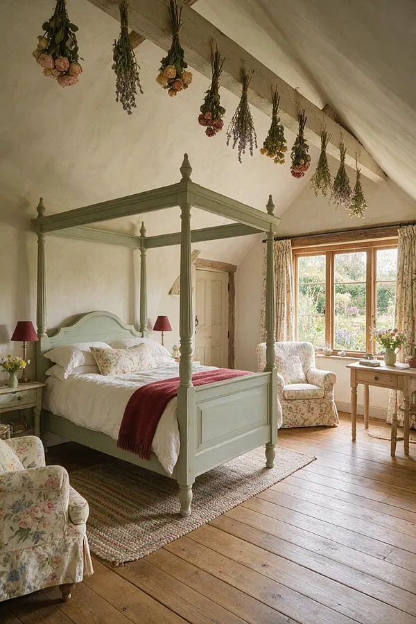 A cozy cottagecore master bedroom with a pale sage four-poster bed, white bedding, and a burgundy throw in a bright cream-walled room. Floral armchairs, a rustic wooden desk, dried flower bundles hanging from the ceiling, and a large window with garden views create a soft, romantic atmosphere.