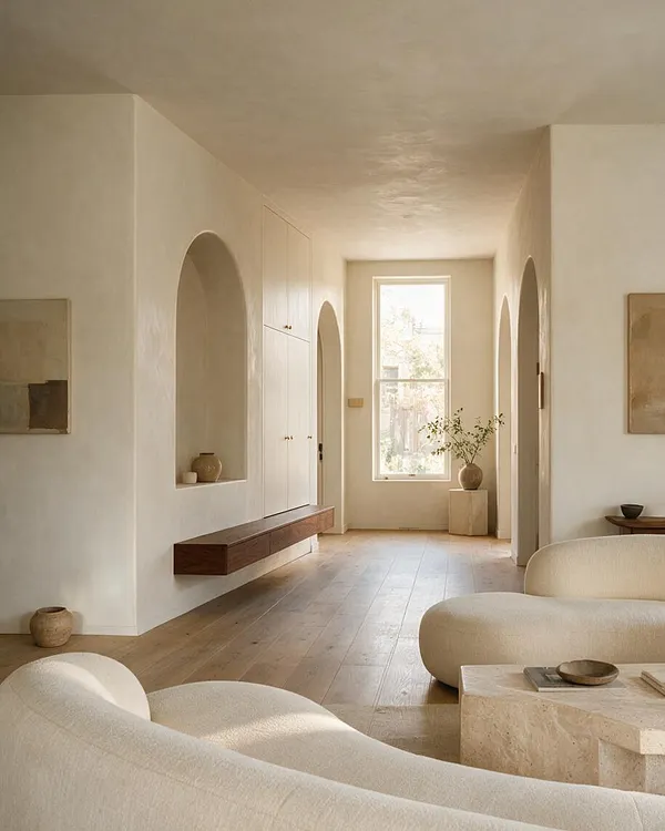 A serene organic modern entryway with soft white plaster walls, arched niches and doorways, and light wood plank flooring. A long built-in bench in dark wood runs along one wall, while a tall window at the end brings in natural light beside a simple vase of branches.