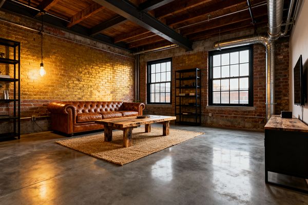 A spacious industrial living room features exposed red brick walls, large black-framed factory windows, and a polished concrete floor. A cognac leather chesterfield sits against the brick, facing a low reclaimed-wood coffee table set on a natural jute rug. Open black metal shelving and a wood-and-metal media console flank the space. Overhead, timber joists and black steel beams are visible with galvanized ductwork, while a single bare Edison bulb casts warm light.