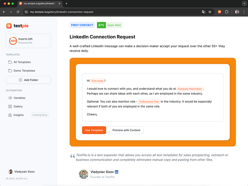 TextPie: Create and Insert Templates