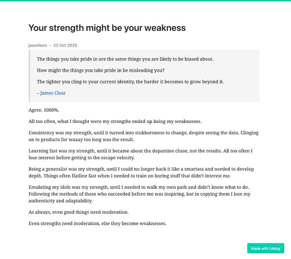 A reflective blog post discussing how personal strengths can become weaknesses.