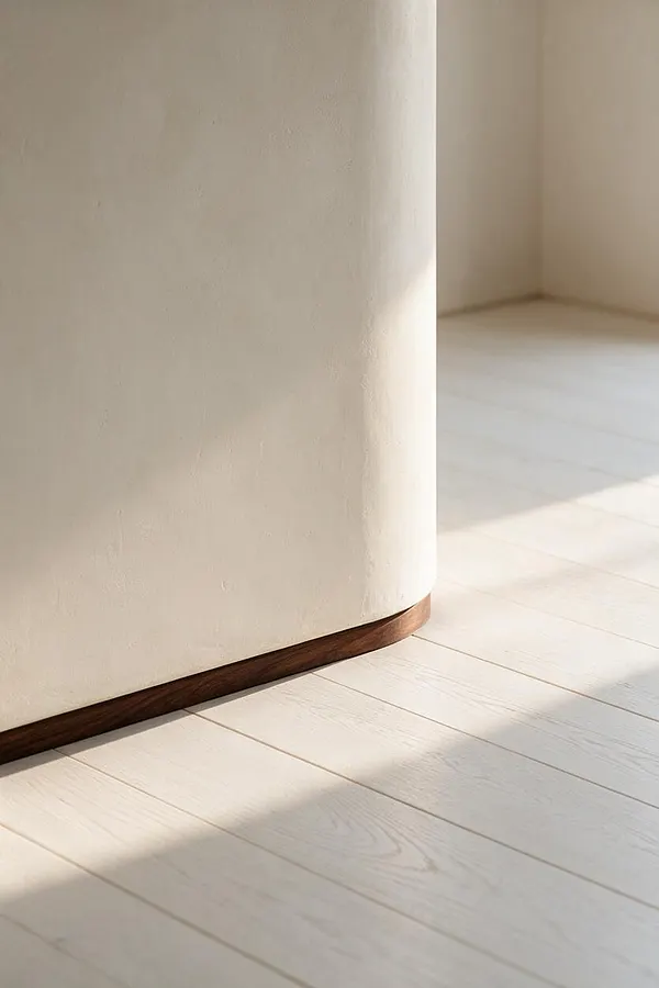 A close-up of a softly curved off-white plaster wall meeting pale whitewashed floorboards, with a slim walnut wood trim at the base. Warm sunlight casts gentle shadows across the floor, emphasizing the calm, minimalist Organic Modern feel.