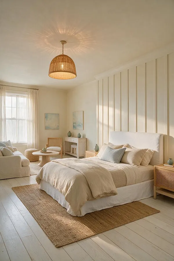 A bright coastal master bedroom with a neutral bed dressed in cream bedding, a woven pendant light, and a textured jute rug. The room includes a linen sofa, rattan chairs, light wood furniture, and soft sheer curtains that filter natural sunlight.