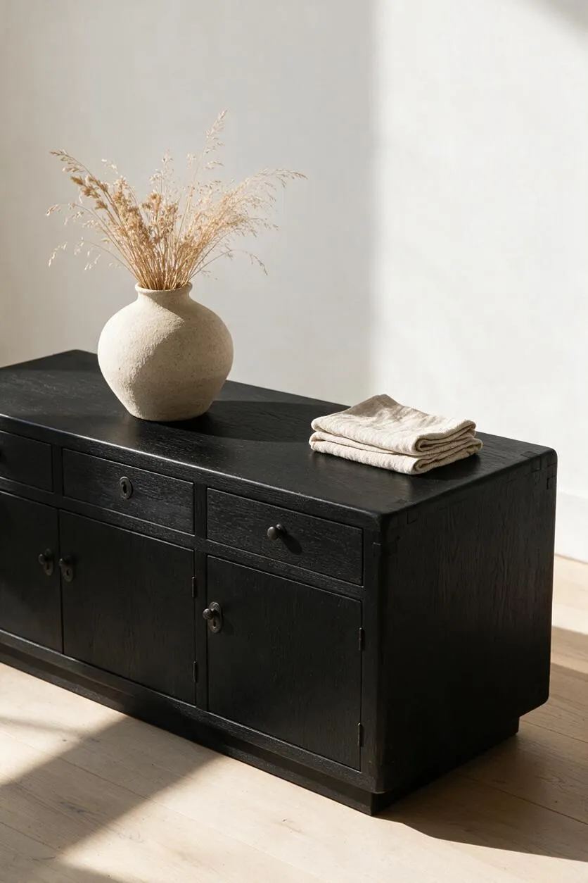 A low black wooden sideboard stands against a light wall on a pale wood floor. A textured cream vase with dried grasses sits on top beside a folded neutral linen cloth, creating a calm Japandi-inspired vignette.