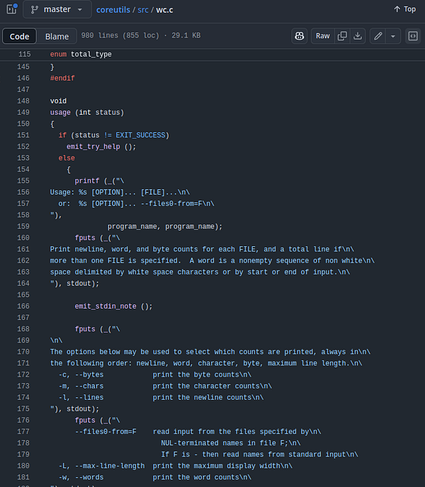 The image displays a code snippet from the 'wc.c' file in the coreutils project, showing the usage function and its documentation.