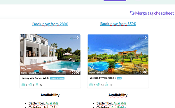 The image displays two luxury villa listings for rental, showcasing their features and pricing.