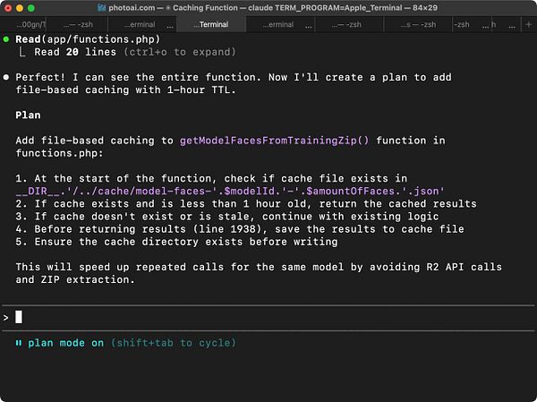 The image displays a terminal window showing a plan for implementing file-based caching in a PHP function.