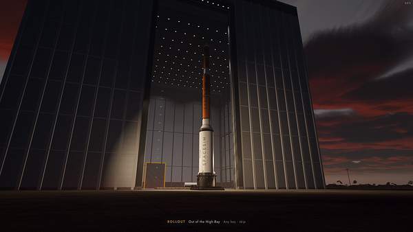 A tall rocket labeled 'SPACESIM' stands inside a large building with open doors against a dramatic dusky sky.