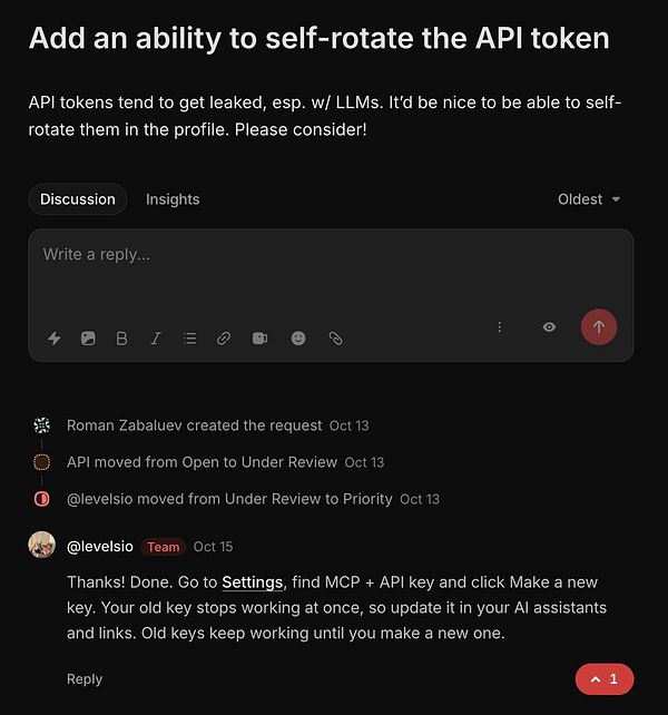 Discussion thread about adding a self-rotating API token feature, with a team member confirming the feature implementation.
