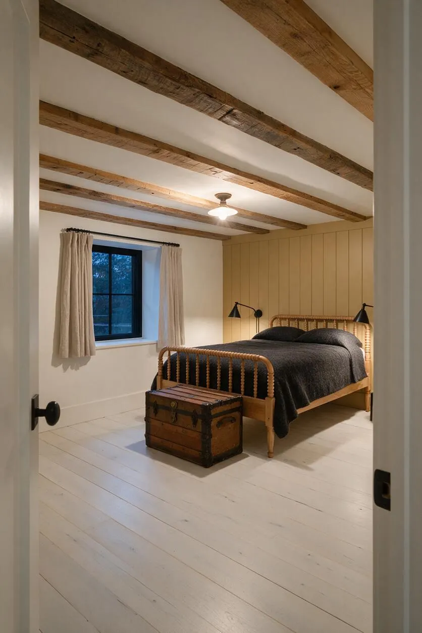 A farmhouse-style basement bedroom with white painted floors, white walls, and rustic exposed wood ceiling beams. The room includes a natural wood spindle bed dressed in dark bedding, black wall sconces, a vintage trunk at the foot of the bed, and a small window with beige curtains.