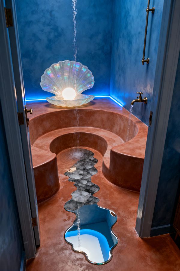 A compact bathroom with ocean-blue plaster walls features a sculpted terracotta platform shaped into concentric steps around a sunken basin. A mirror-lined channel runs along the floor reflecting a vertical water stream from the ceiling and blue LED cove lighting; vintage brass wall taps pour into the basin, while a large iridescent clam shell at the back holds a glowing orb like a pearl, creating a dreamlike underwater atmosphere.