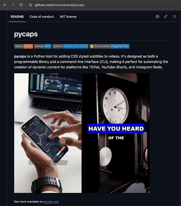 Screenshot of the GitHub repository page for Pycaps, a Python tool for adding CSS styled subtitles to videos, showing its description, status badges, and example images demonstrating subtitle usage.