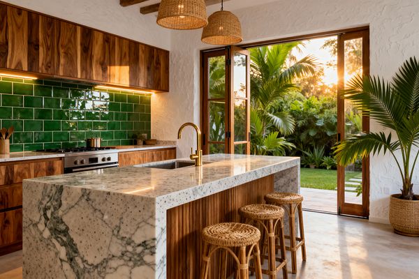 A tropical kitchen with natural wood cabinets and an emerald green subway-tile backsplash lines one wall, under warm undercabinet lighting. A white marble waterfall island with brass gooseneck faucet and rattan stools sits on a pale concrete floor beneath woven pendant lights, while wood-framed sliding glass doors open to a lush garden of palms, flooding the textured white plaster room with golden sunset light.