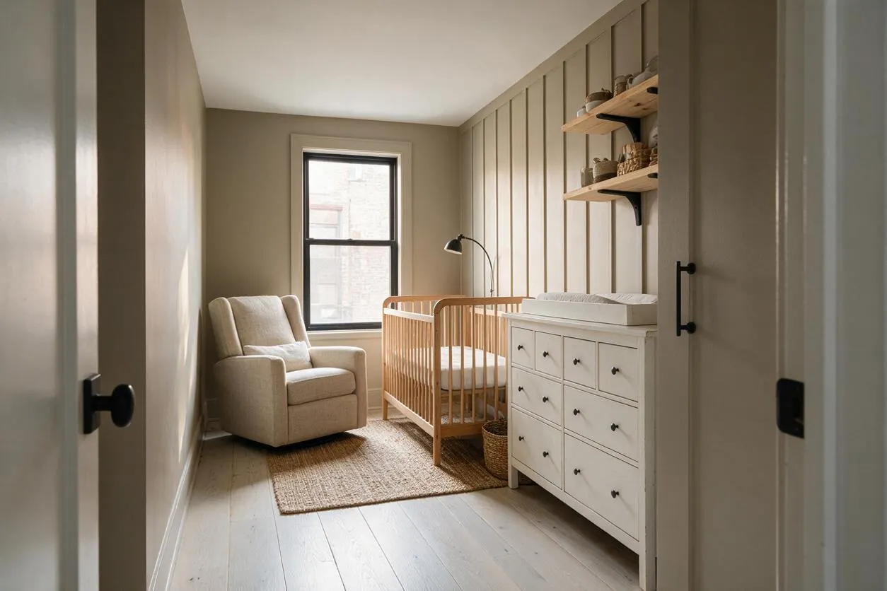 A narrow farmhouse-style nursery with a beige upholstered armchair, a light wood crib, and a white dresser with black hardware. Vertical paneled walls, a woven rug, floating wood shelves, and a black lamp create a warm, minimalist, natural look.