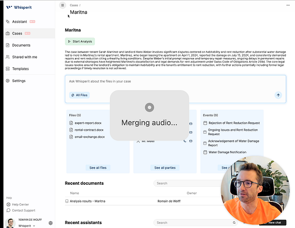 The image displays a user interface of the Whisperit platform, showing a case management screen with a video call participant.