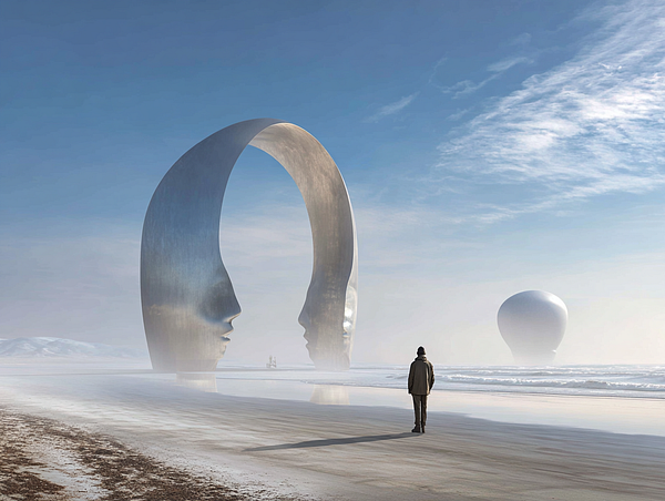 A solitary figure stands on a beach, gazing at large, surreal sculptures emerging from the mist.