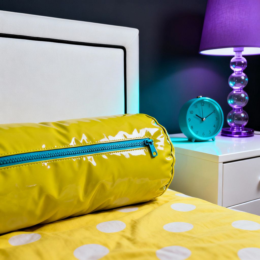 Close-up of a Pop Art bedroom shows a white upholstered headboard with black piping beside a white glossy nightstand. Bright accents include a shiny citrus-yellow cylindrical bolster with a teal zipper on yellow polka-dot bedding, a purple bubble-base lamp with a violet shade, a turquoise alarm clock, and a dark charcoal wall washed with cyan light, creating bold color contrasts and reflective surfaces.